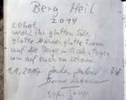 Kleiner Lorenzstein, Wildensteiner Gebiet, Gipfelbuchspruch 2014